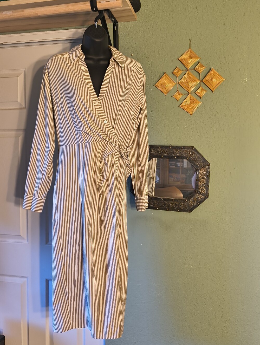 Veronica Beard Striped Asymmetric Tie Waist Midi Shirtdress Tan White Size 8